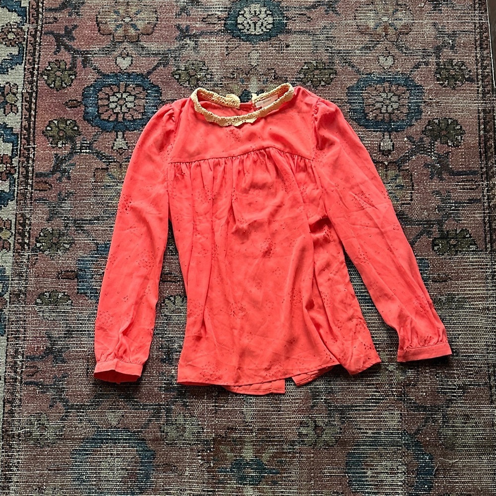 Sz S Esley Coral Blouse with Cotton Lace Orange Trim Button Back 00’s Y2K